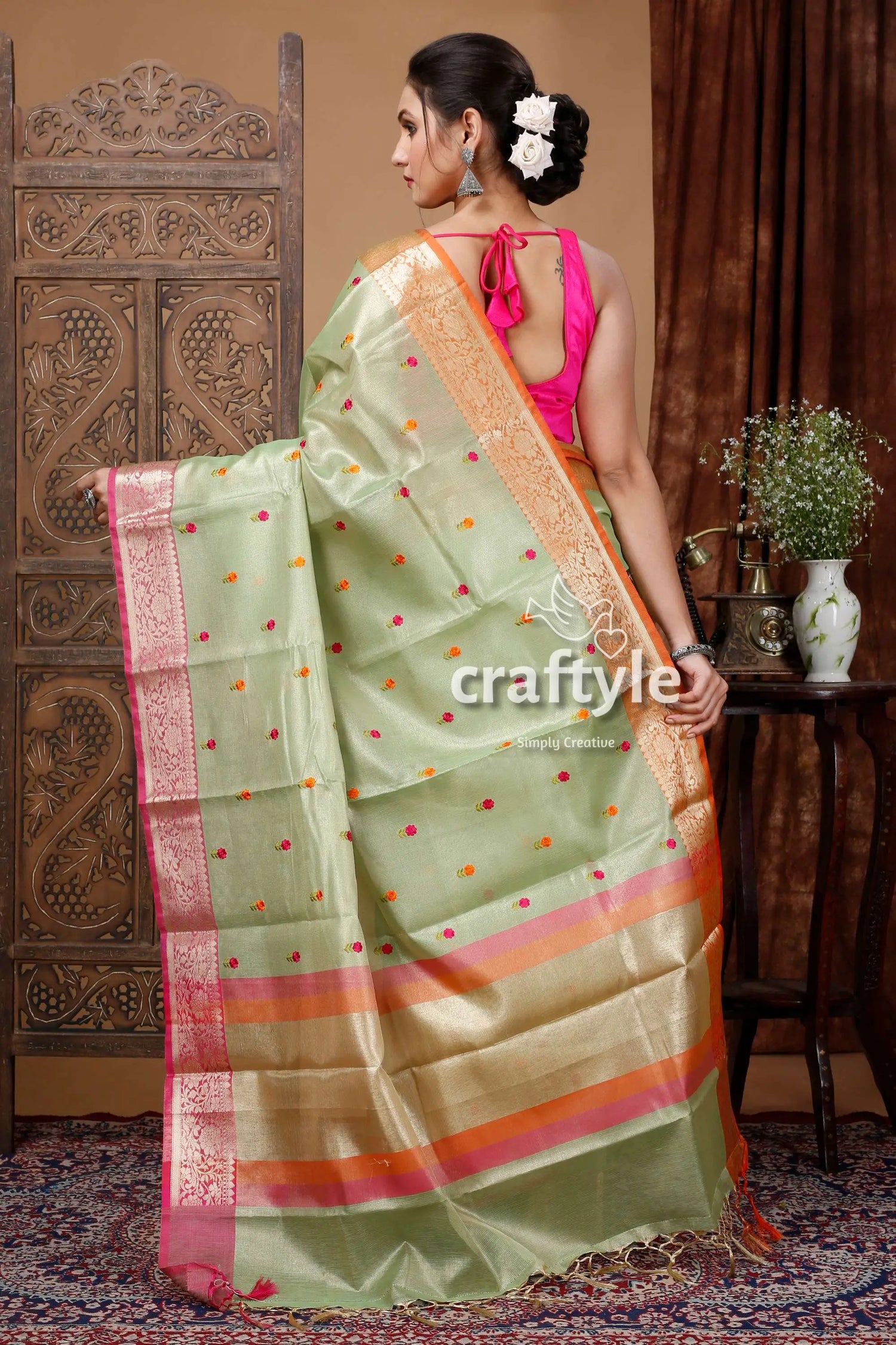 Pistachio green silk tissue organza saree - soft and elegant woman light green saree pink 4