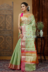 Pistachio green silk tissue organza saree - soft and elegant woman light green saree pink 3