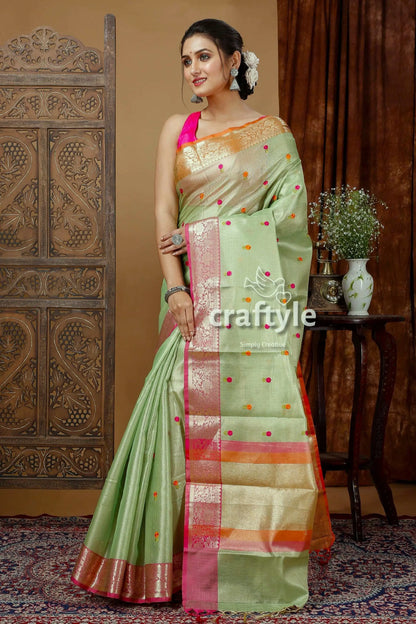 Pistachio green silk tissue organza saree - soft and elegant woman light green saree pink 3