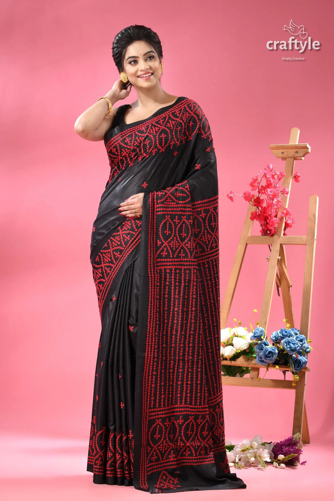 Pitch black and red kutch embroidery work silk saree black silk saree red kantha 1