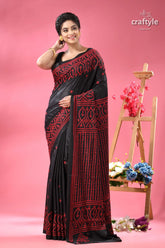Pitch black and red kutch embroidery work silk saree black silk saree red kantha 1