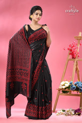 Pitch black and red kutch embroidery work silk saree black saree red embroidered patterns 3