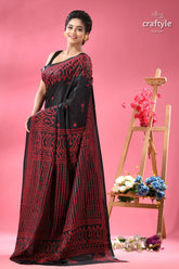 Pitch black and red kutch embroidery work silk saree black saree intricate red embroidery 4