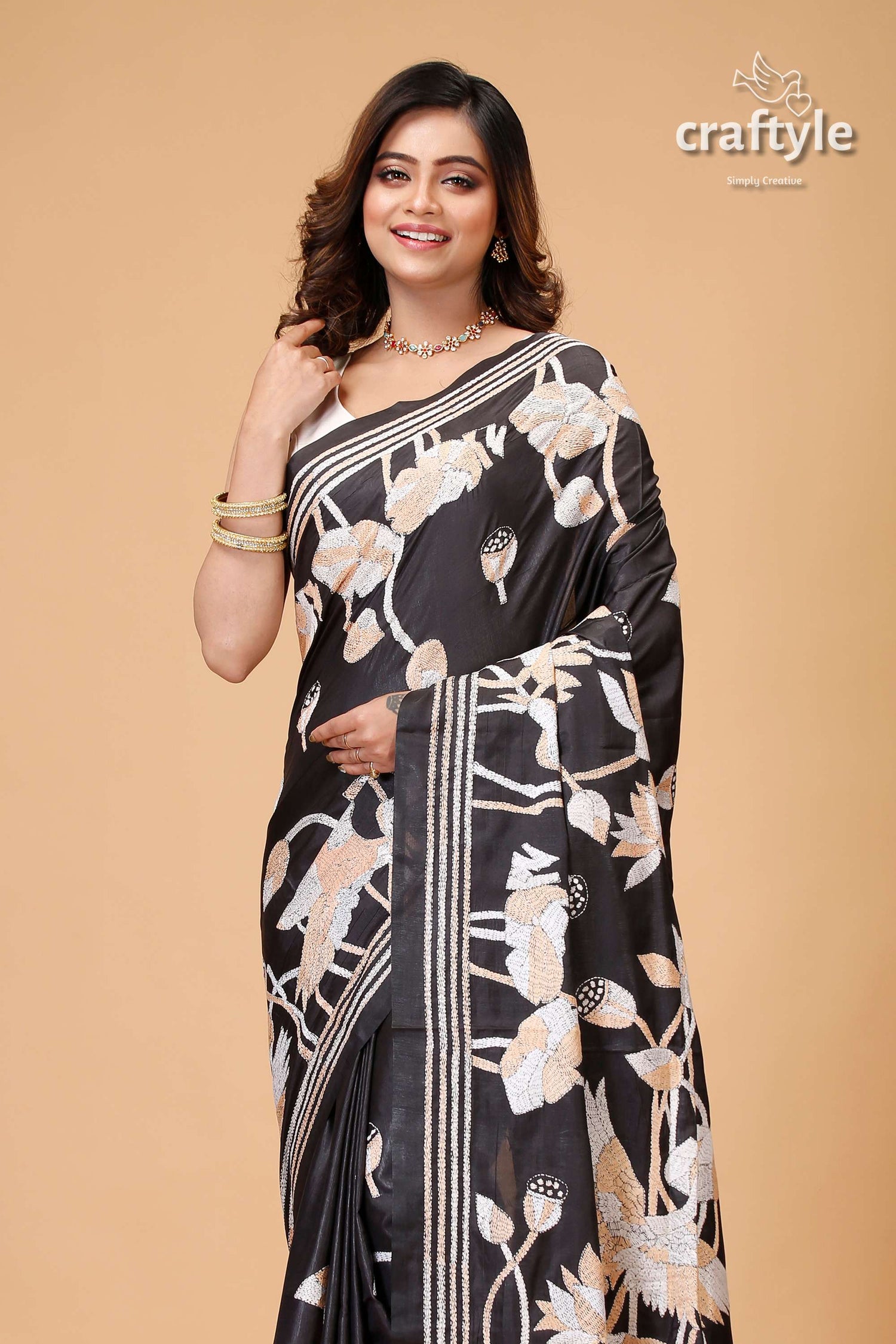 Pitch Black Bird Motif Party Wear Silk Kantha Saree - Craftyle