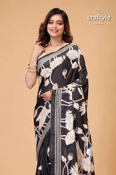 Pitch Black Bird Motif Party Wear Silk Kantha Saree - Craftyle