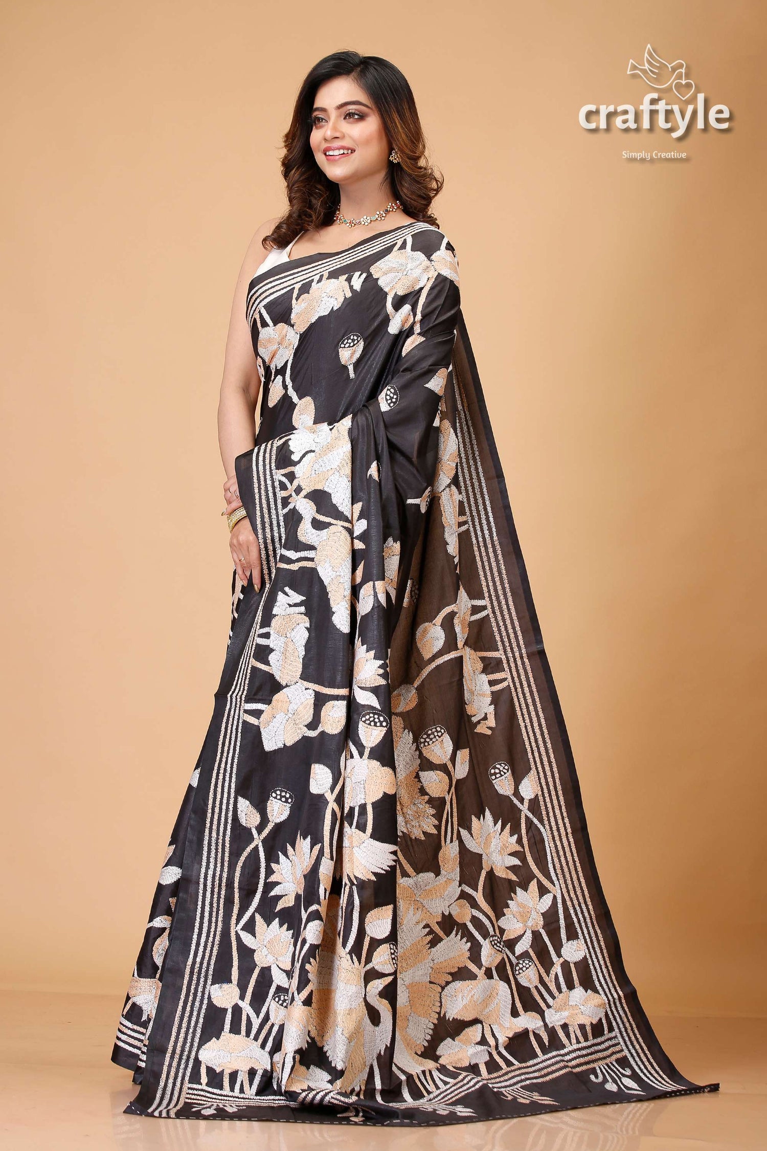 Pitch Black Bird Motif Party Wear Silk Kantha Saree - Craftyle