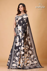 Pitch Black Bird Motif Party Wear Silk Kantha Saree - Craftyle