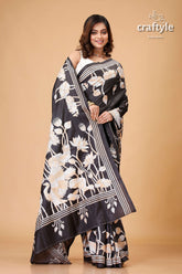 Pitch Black Bird Motif Party Wear Silk Kantha Saree - Craftyle