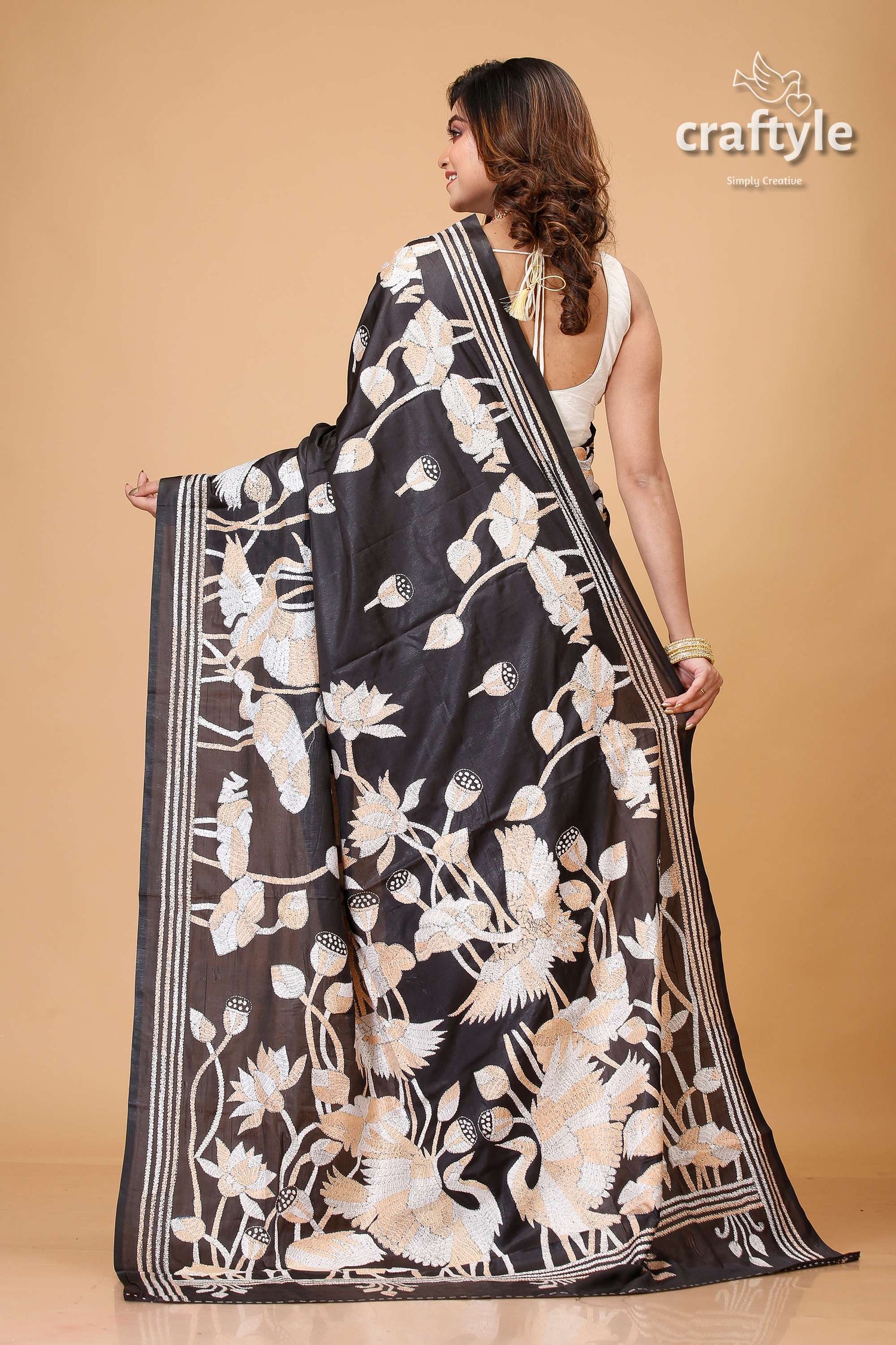 Pitch Black Bird Motif Party Wear Silk Kantha Saree - Craftyle