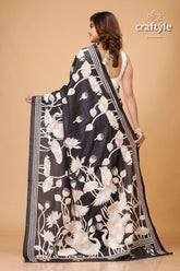 Pitch Black Bird Motif Party Wear Silk Kantha Saree - Craftyle