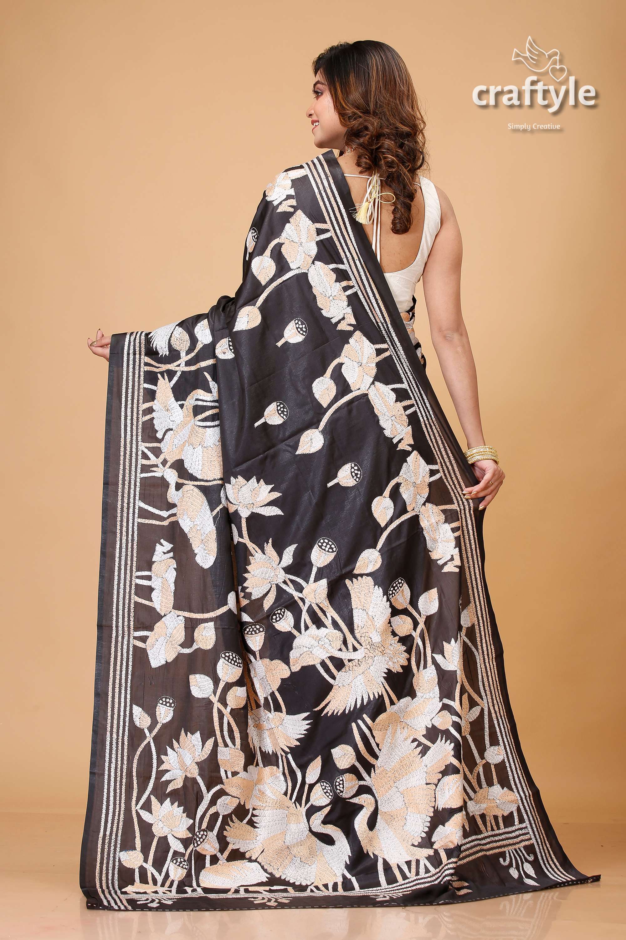 Pitch Black Bird Motif Party Wear Silk Kantha Saree - Craftyle
