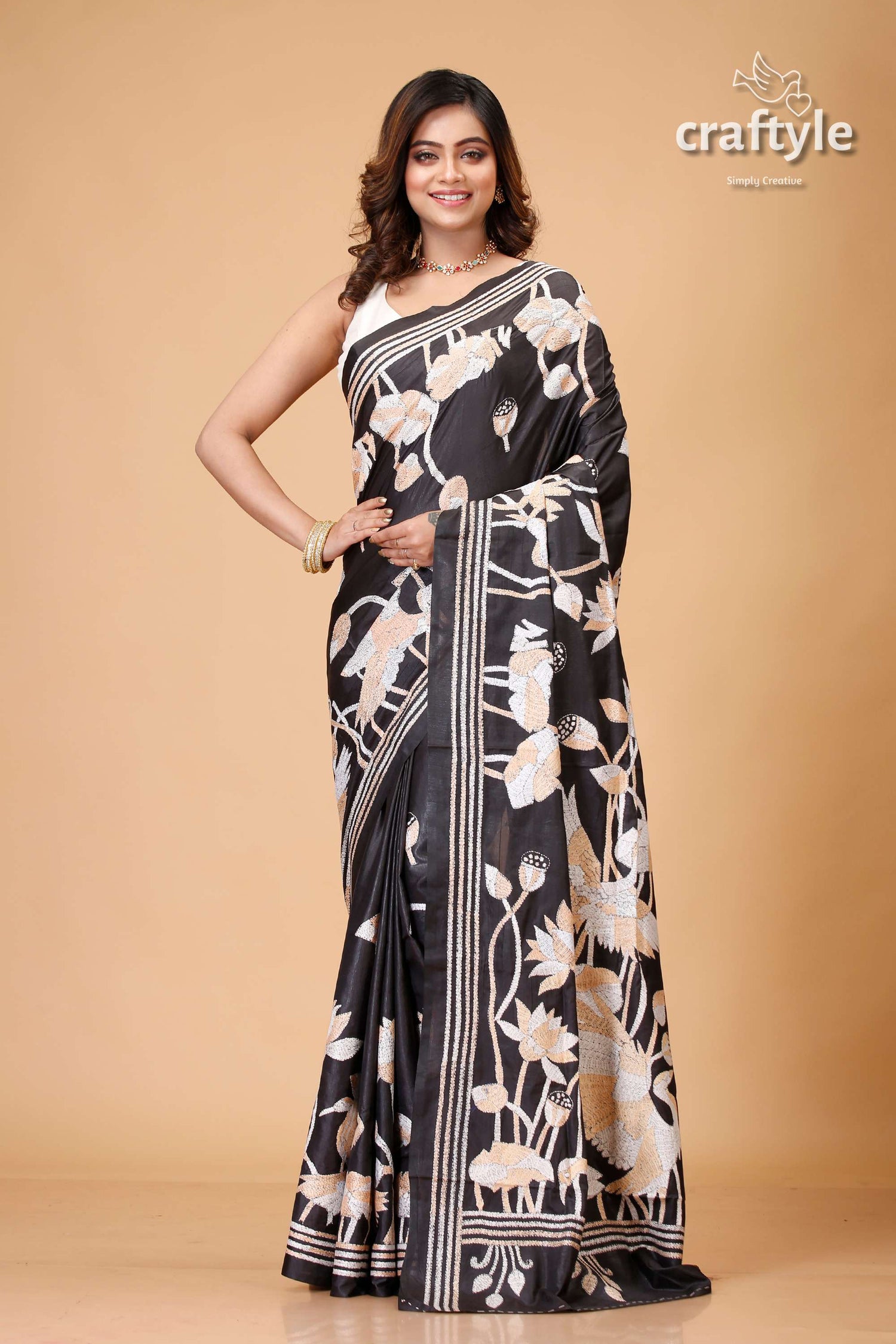 Pitch Black Bird Motif Party Wear Silk Kantha Saree - Craftyle
