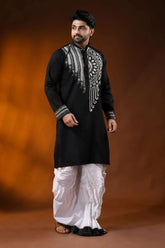 Pitch black cotton kantha punjabi for men - handcrafted white mandala design 4