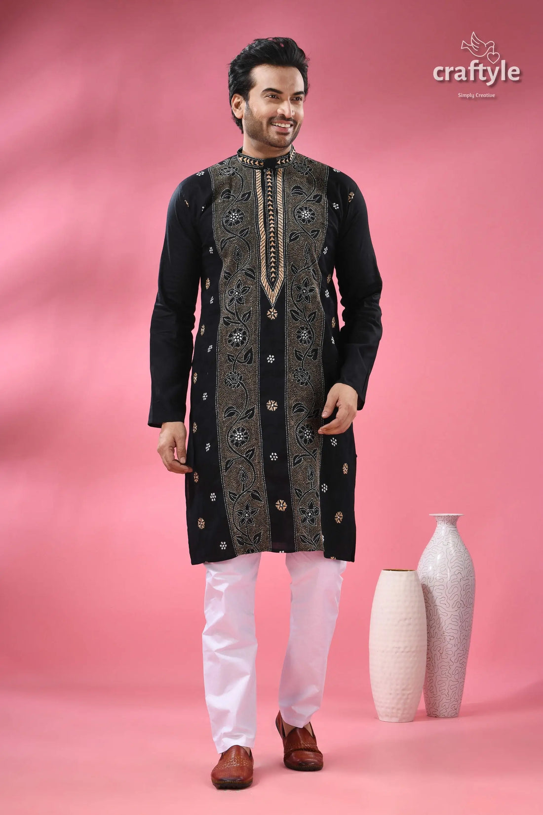 Pitch black floral kantha embroidery cotton kurta for men menās black embroidered kurta white 1