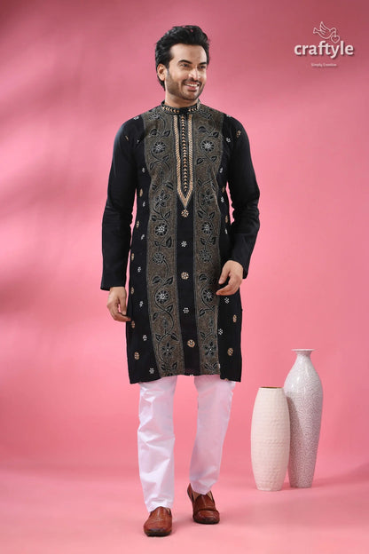 Pitch black floral kantha embroidery cotton kurta for men men’s black embroidered kurta white 1