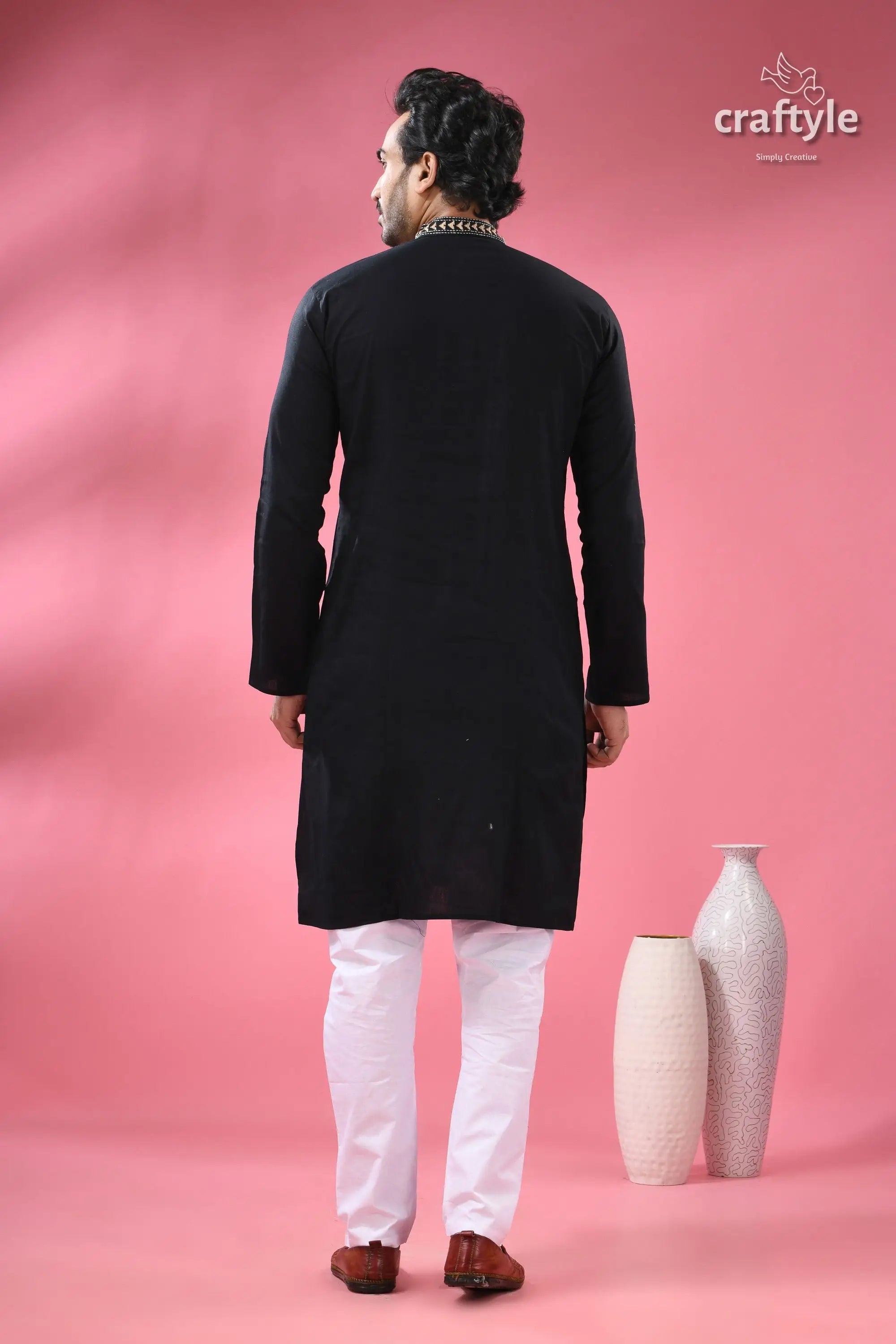 Pitch black floral kantha embroidery cotton kurta for men men’s black embroidered kurta white 6