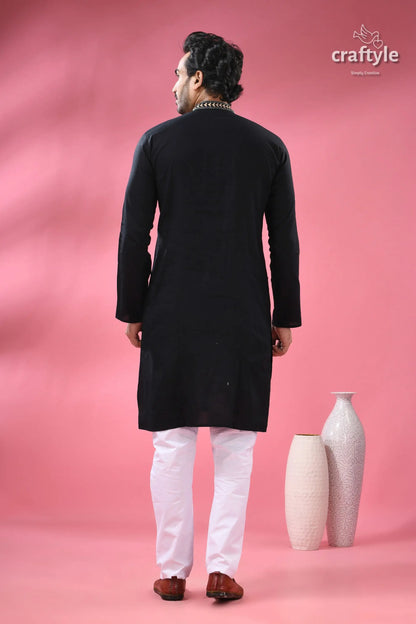 Pitch black floral kantha embroidery cotton kurta for men men’s black embroidered kurta white 6