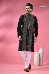 Pitch black floral kantha embroidery cotton kurta for men men’s black embroidered kurta white 5