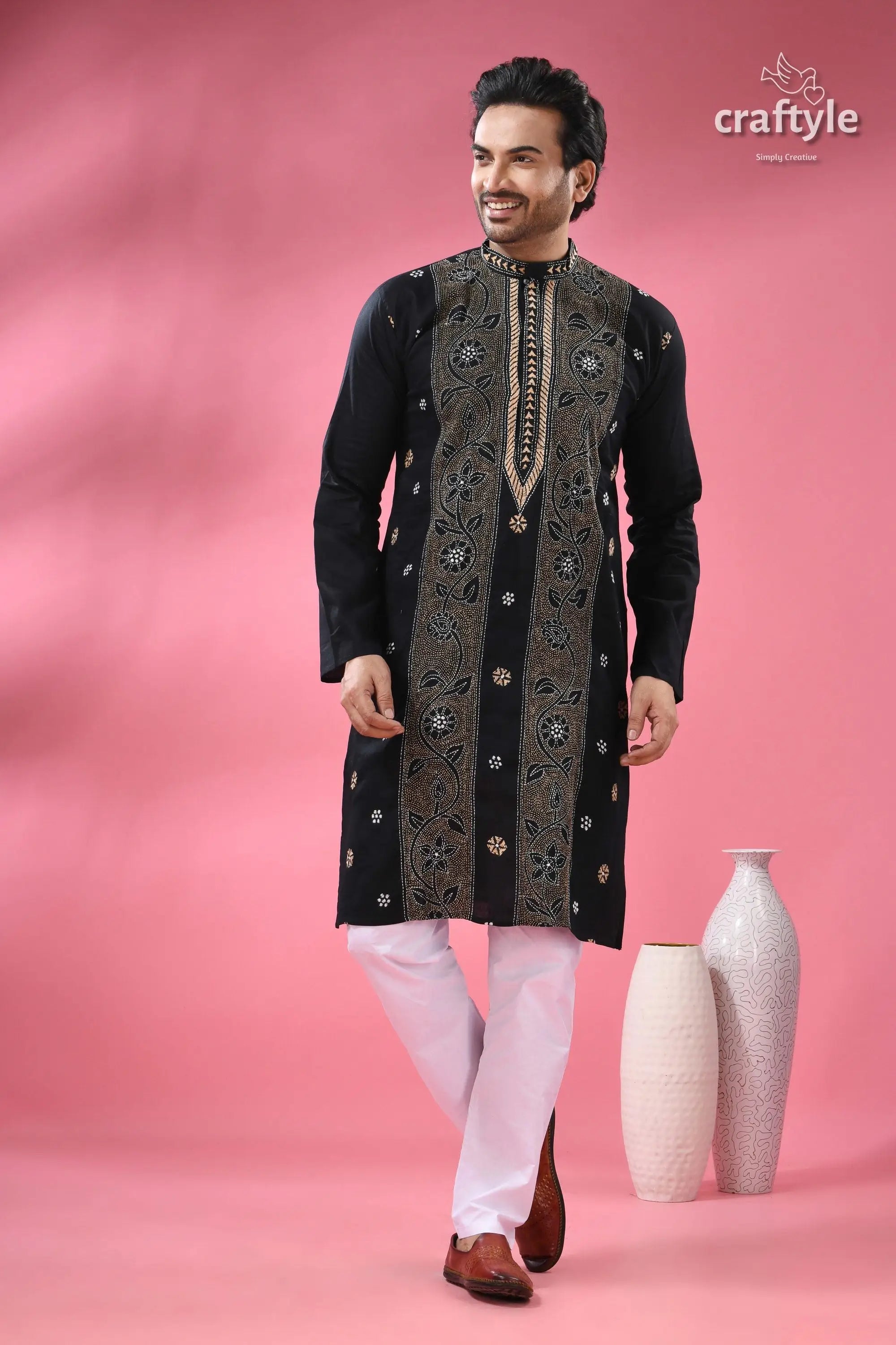 Pitch black floral kantha embroidery cotton kurta for men men’s black embroidered kurta white 5