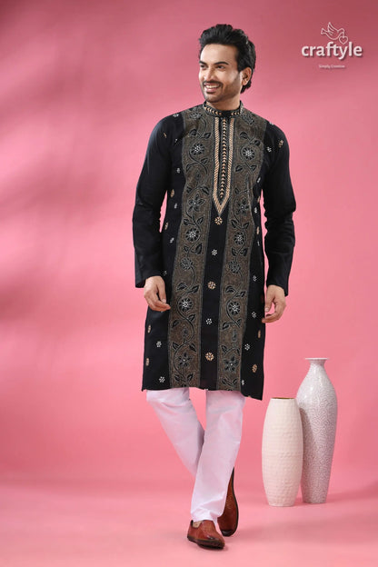 Pitch black floral kantha embroidery cotton kurta for men men’s black embroidered kurta white 5