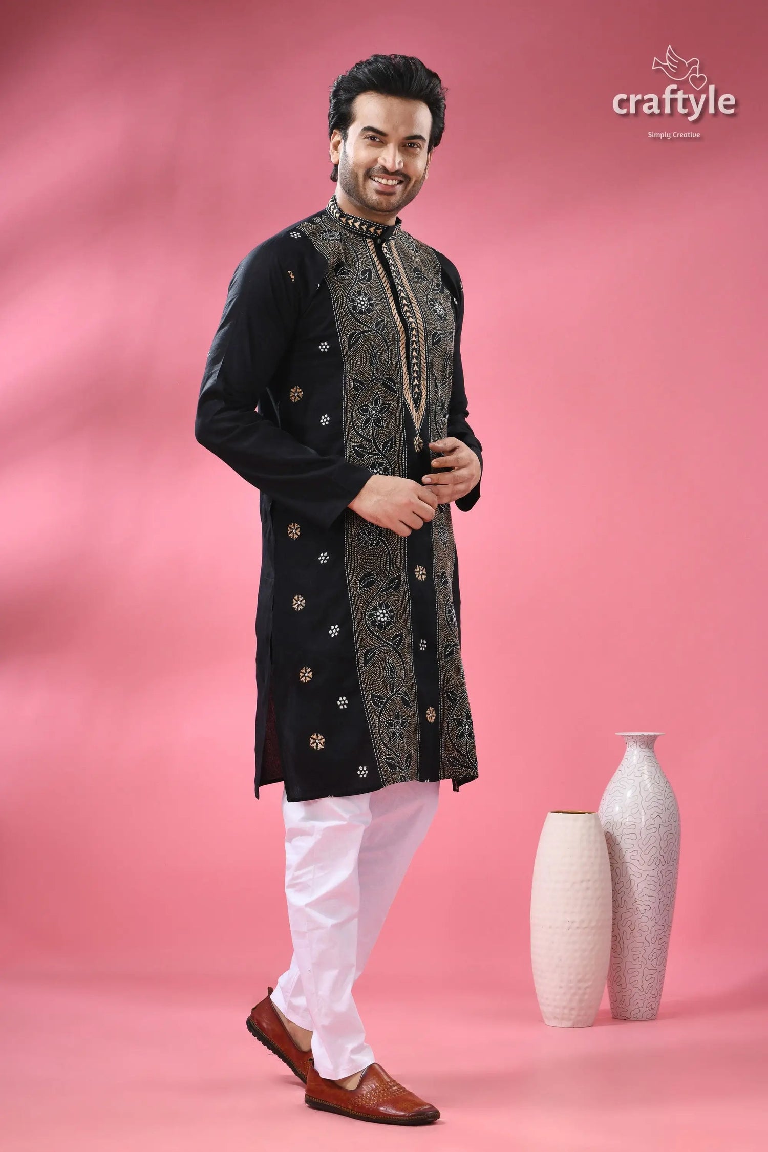 Pitch black floral kantha embroidery cotton kurta for men men’s black embroidered kurta white 4