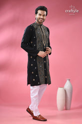 Pitch black floral kantha embroidery cotton kurta for men men’s black embroidered kurta white 4