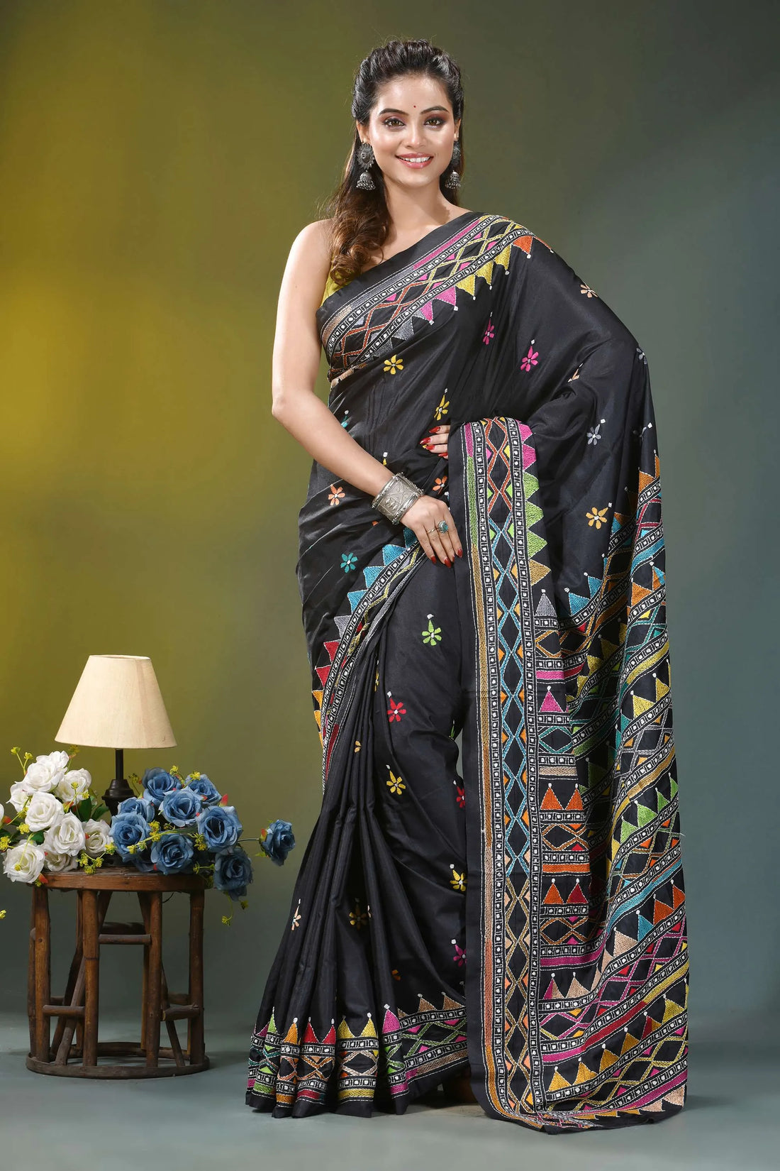 Pitch black geometric design silk kantha stitch saree black embroidered saree vibrant geometric 1