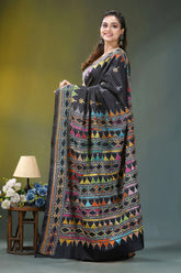 Pitch black geometric design silk kantha stitch saree black saree vibrant multicolored geometric 3