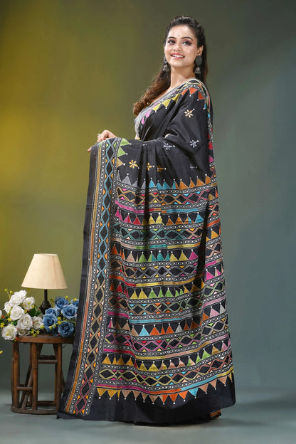 Pitch black geometric design silk kantha stitch saree black saree vibrant multicolored geometric 3