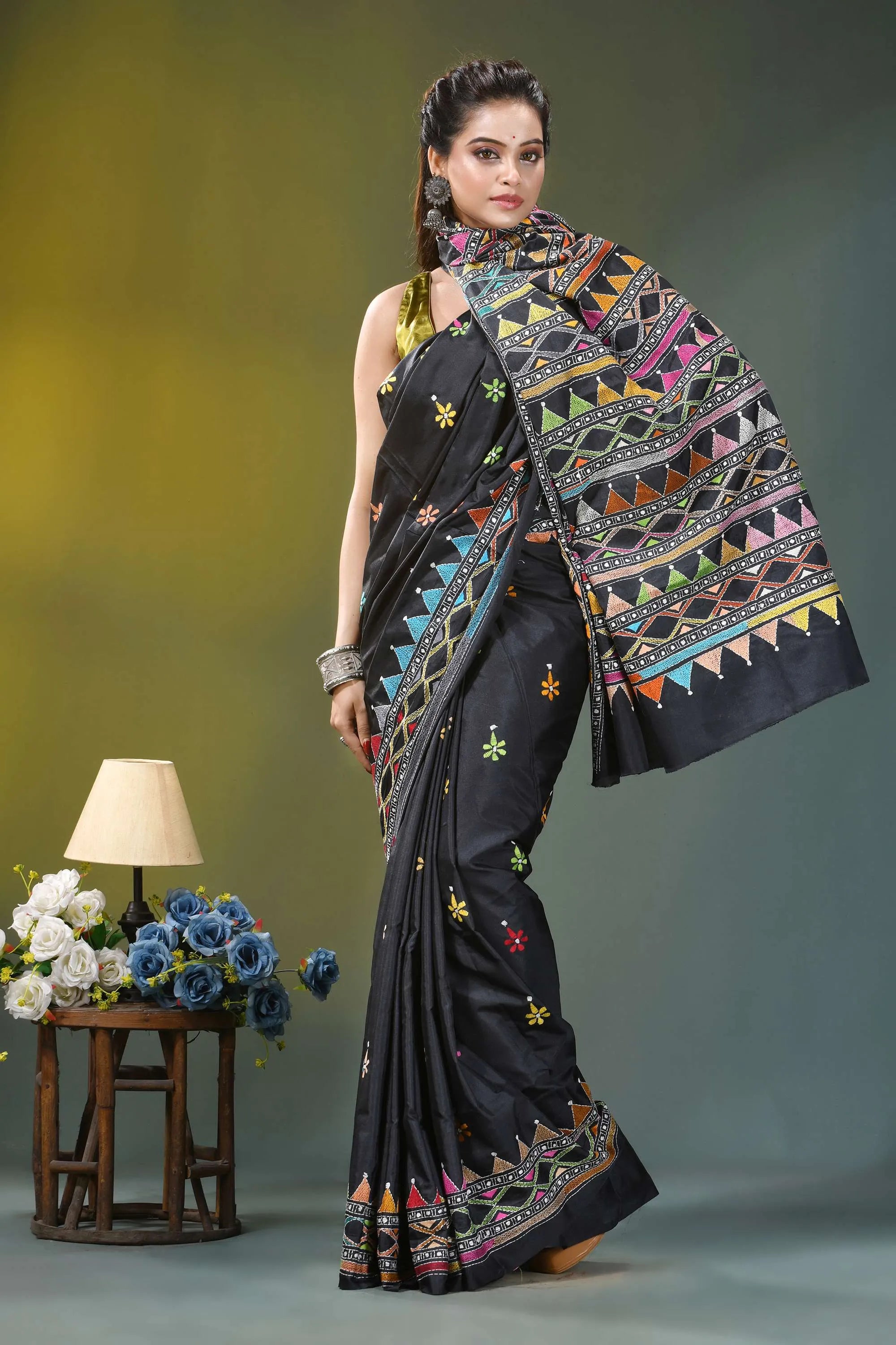 Pitch black geometric design silk kantha stitch saree black silk saree intricate multicolored 4
