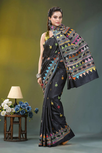 Pitch black geometric design silk kantha stitch saree black silk saree intricate multicolored 4