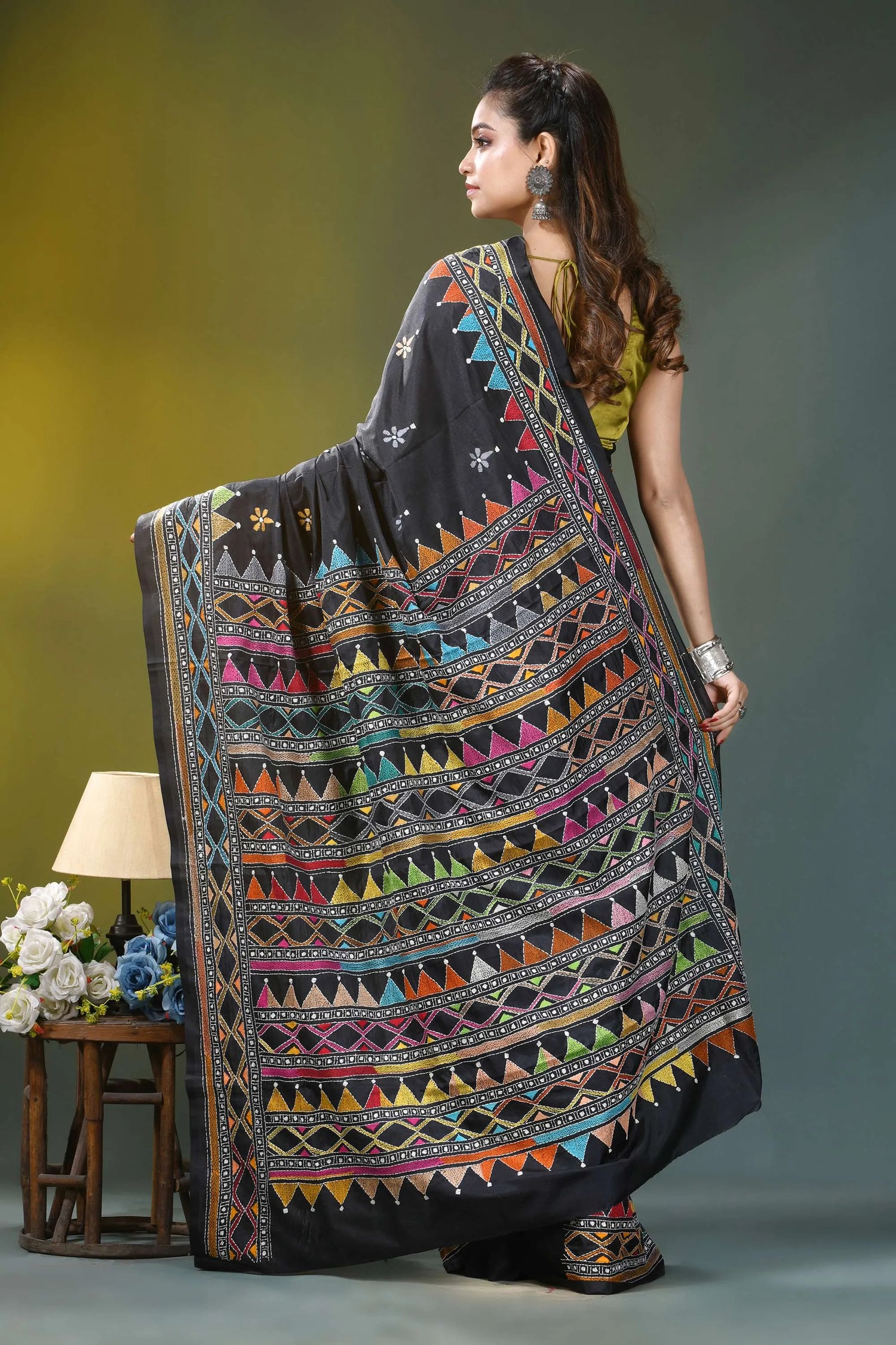Pitch black geometric design silk kantha stitch saree black embroidered saree vibrant geometric 5
