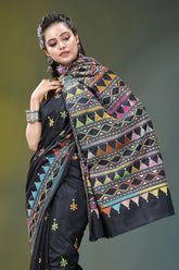 Pitch black geometric design silk kantha stitch saree black saree vibrant geometric embroidery 2
