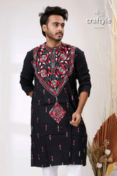 Pitch black hand kantha work cotton ethnic punjabi kurta intricate red white 2