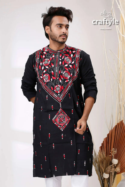 Pitch black hand kantha work cotton ethnic punjabi kurta intricate red white 2