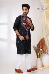 Pitch black hand kantha work cotton ethnic punjabi embroidered kurta red white 4