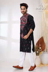 Pitch black hand kantha work cotton ethnic punjabi embroidered kurta red white 3