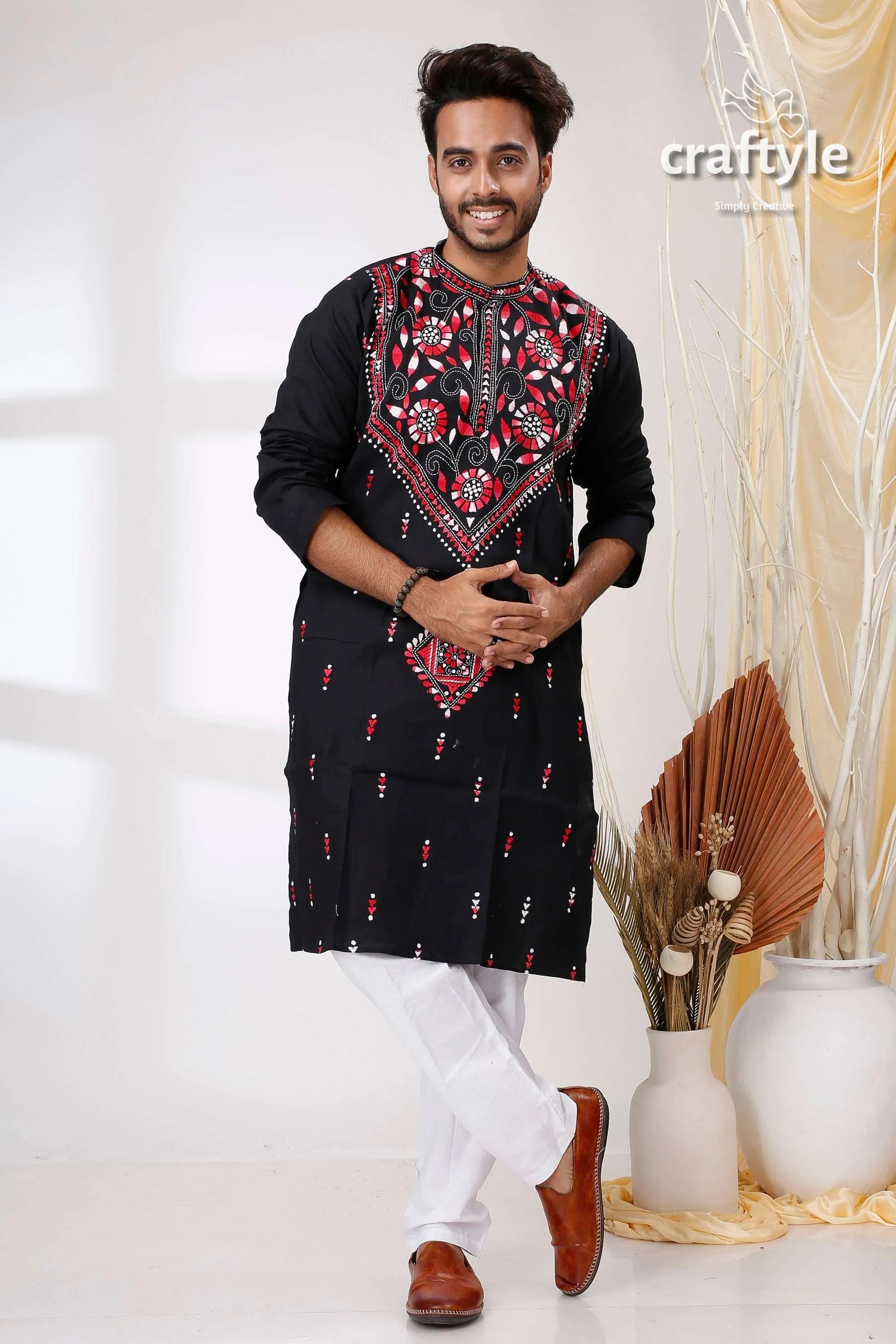 Pitch black hand kantha work cotton ethnic punjabi embroidered kurta intricate red 1