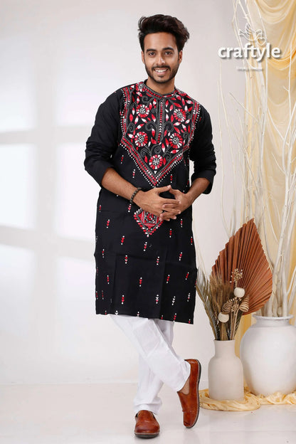 Pitch black hand kantha work cotton ethnic punjabi embroidered kurta intricate red 1