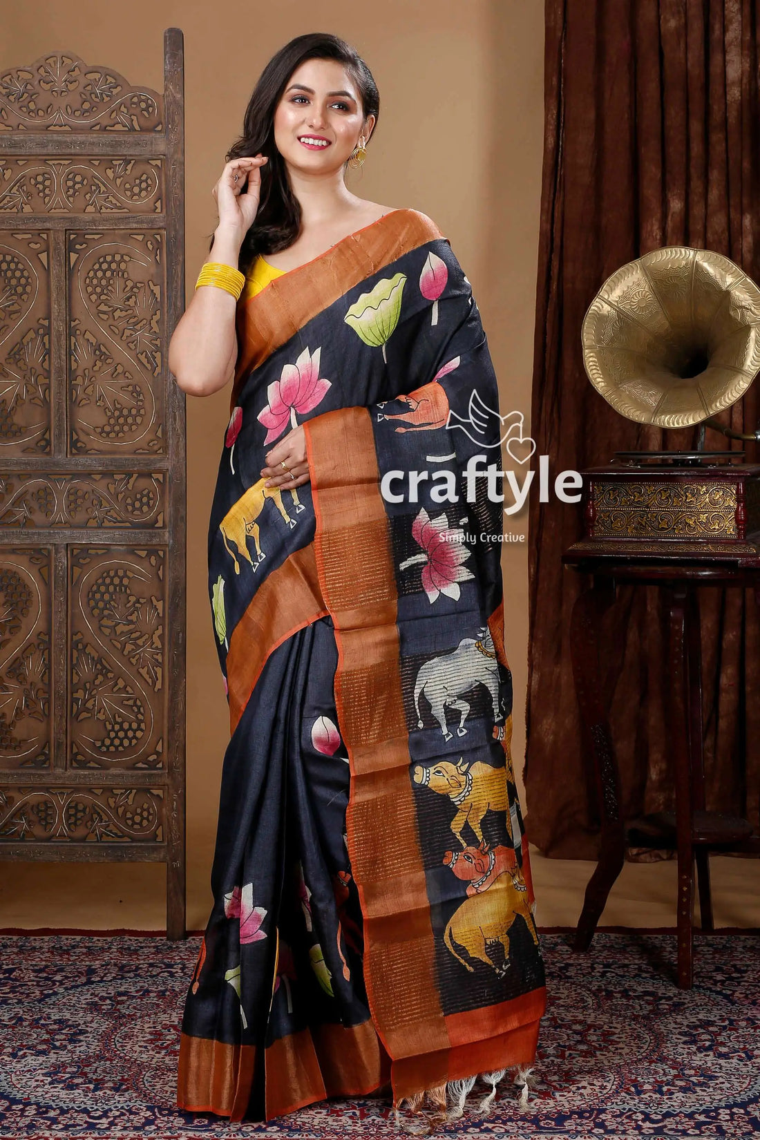 Pitch black hand painted zari pure tussar kalamkari design saree woman black saree animal lotus 1