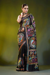 Pitch black handcrafted fish motif silk kantha stitch saree 1