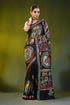 Pitch black handcrafted fish motif silk kantha stitch saree 1