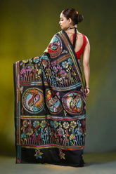 Pitch black handcrafted fish motif silk kantha stitch saree 5