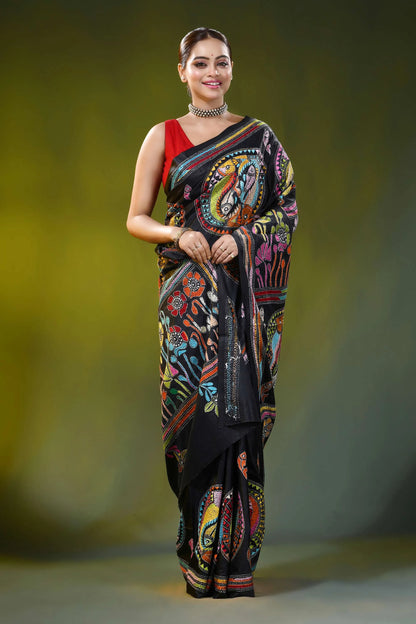 Pitch black handcrafted fish motif silk kantha stitch saree 4