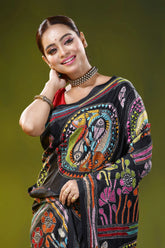 Pitch black handcrafted fish motif silk kantha stitch saree 2