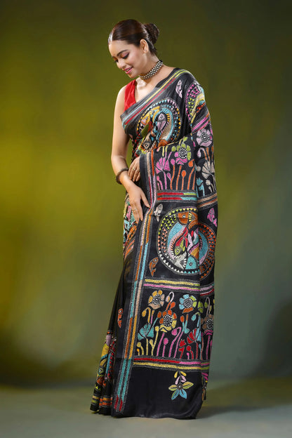 Pitch black handcrafted fish motif silk kantha stitch saree 3