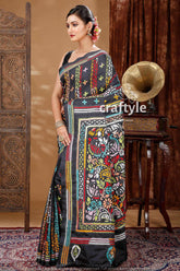 Pitch Black Handcrafted Silk Kantha Work Saree-Craftyle