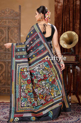 Pitch Black Handcrafted Silk Kantha Work Saree-Craftyle