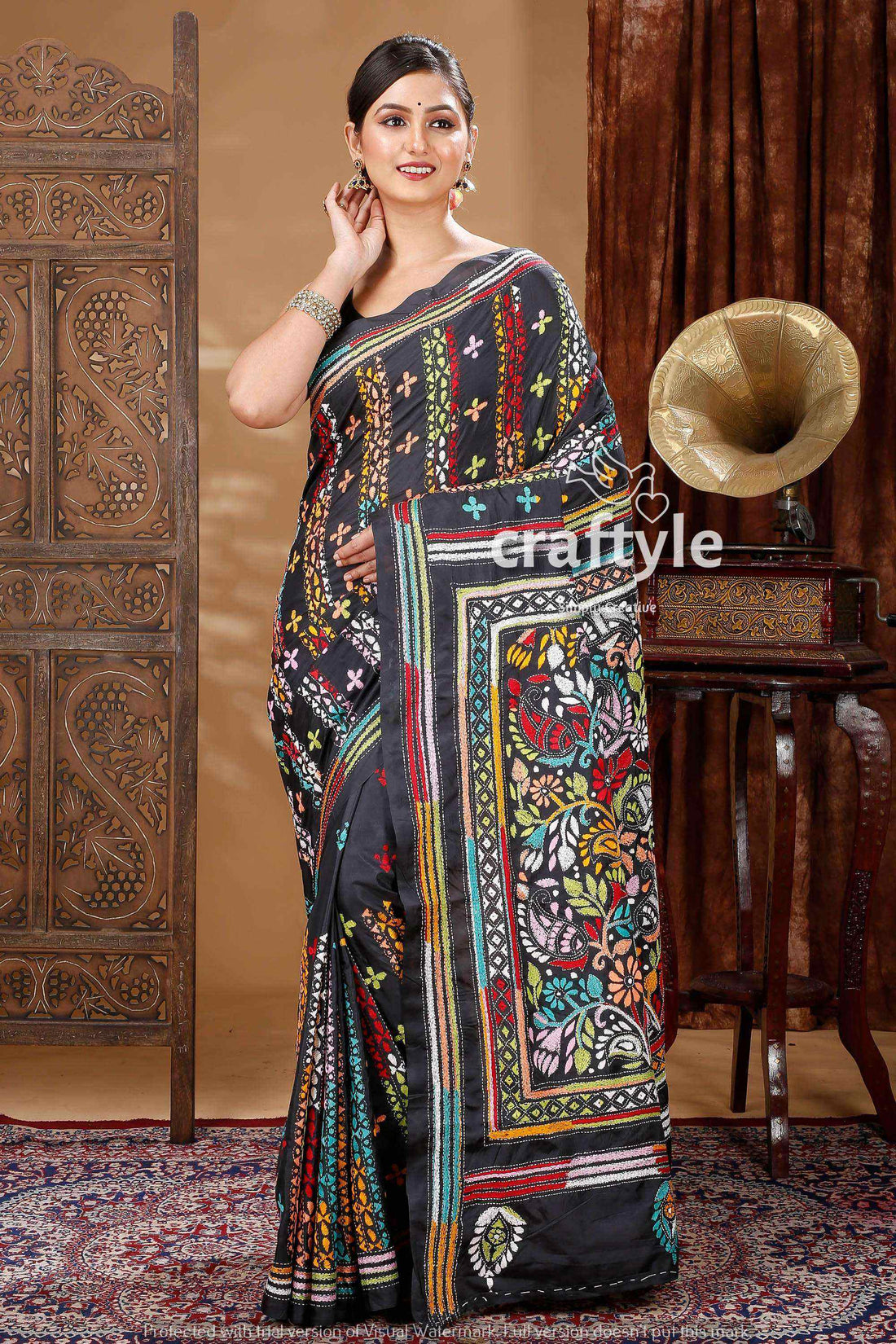 Pitch Black Handcrafted Silk Kantha Work Saree-Craftyle