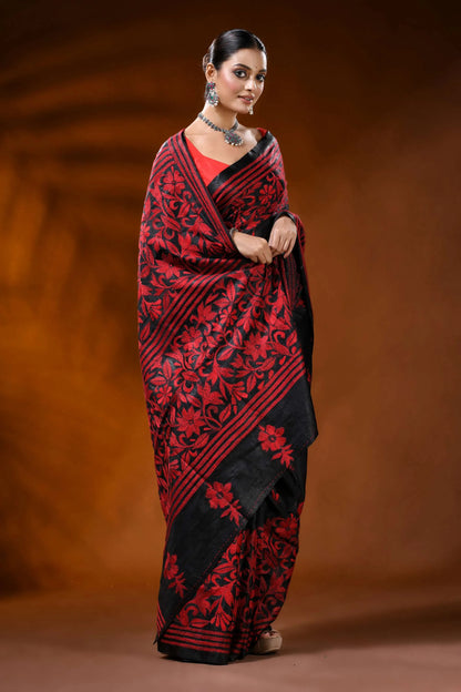 Pitch black kantha embroidery silk saree with red floral design 4